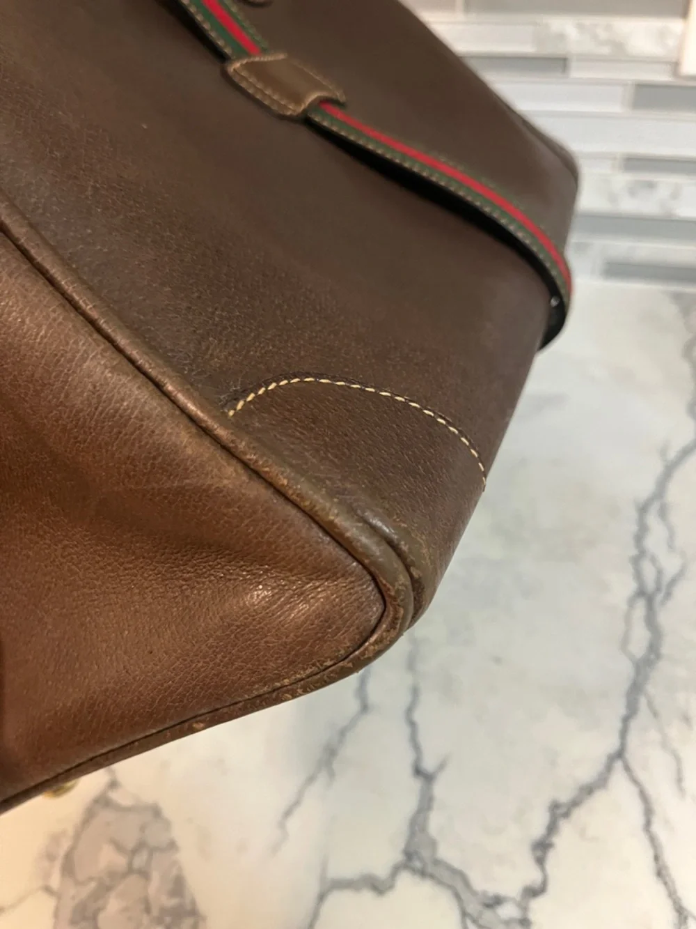 🦋Ultra Rare🦋 Gucci Brown Leather Duffel with Sherry Line Stripe